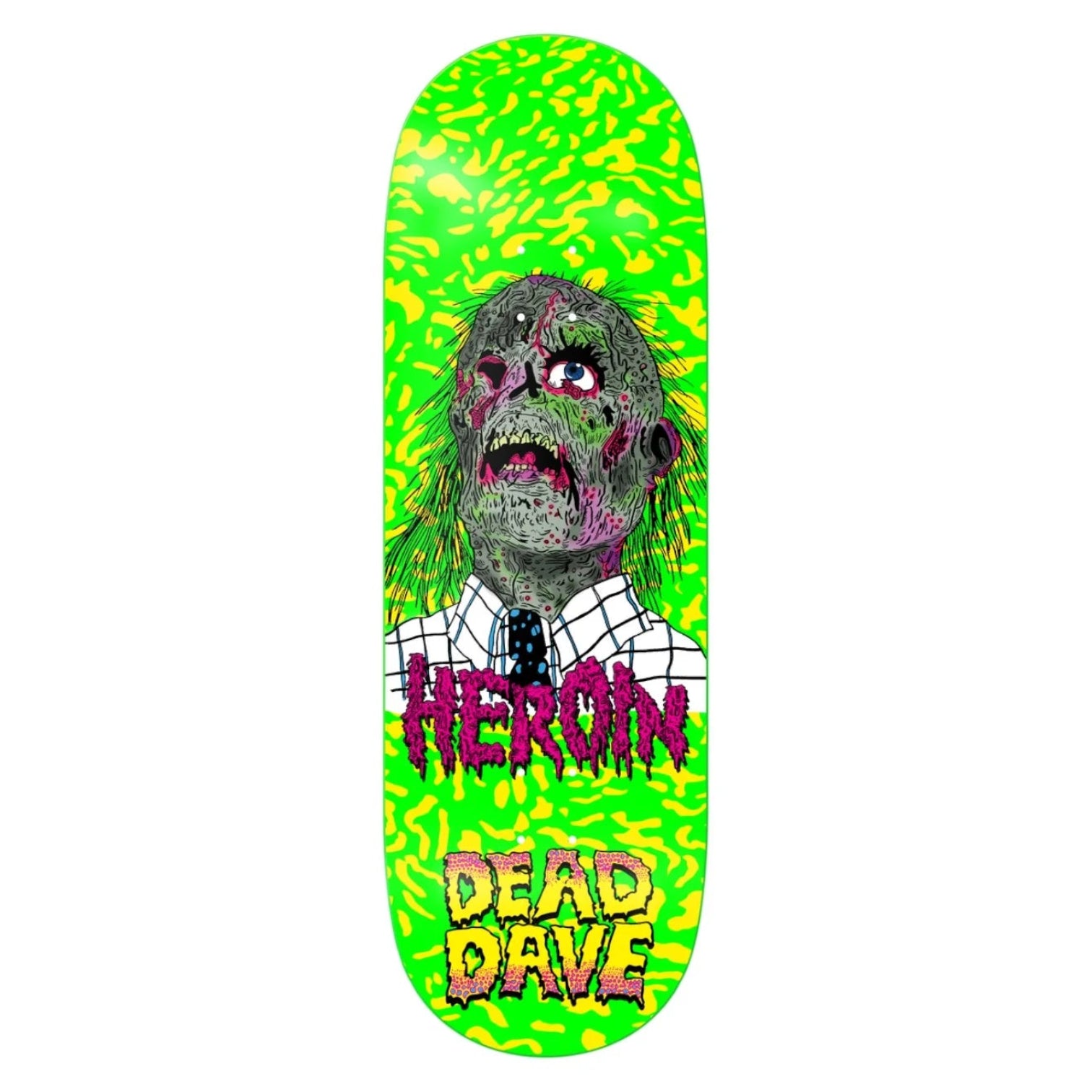 Skateboard deck with a zombie graphic and 'Heron Dead Dave' text on a green and yellow patterned background.