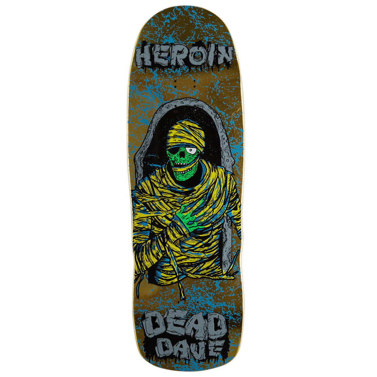 A skateboard deck featuring a graphic illustration of a green skull mummy wrapped in yellow bandages, with 'HEROIN' at the top and 'DEAD Dave' at the bottom, on a distressed brown and blue background.
