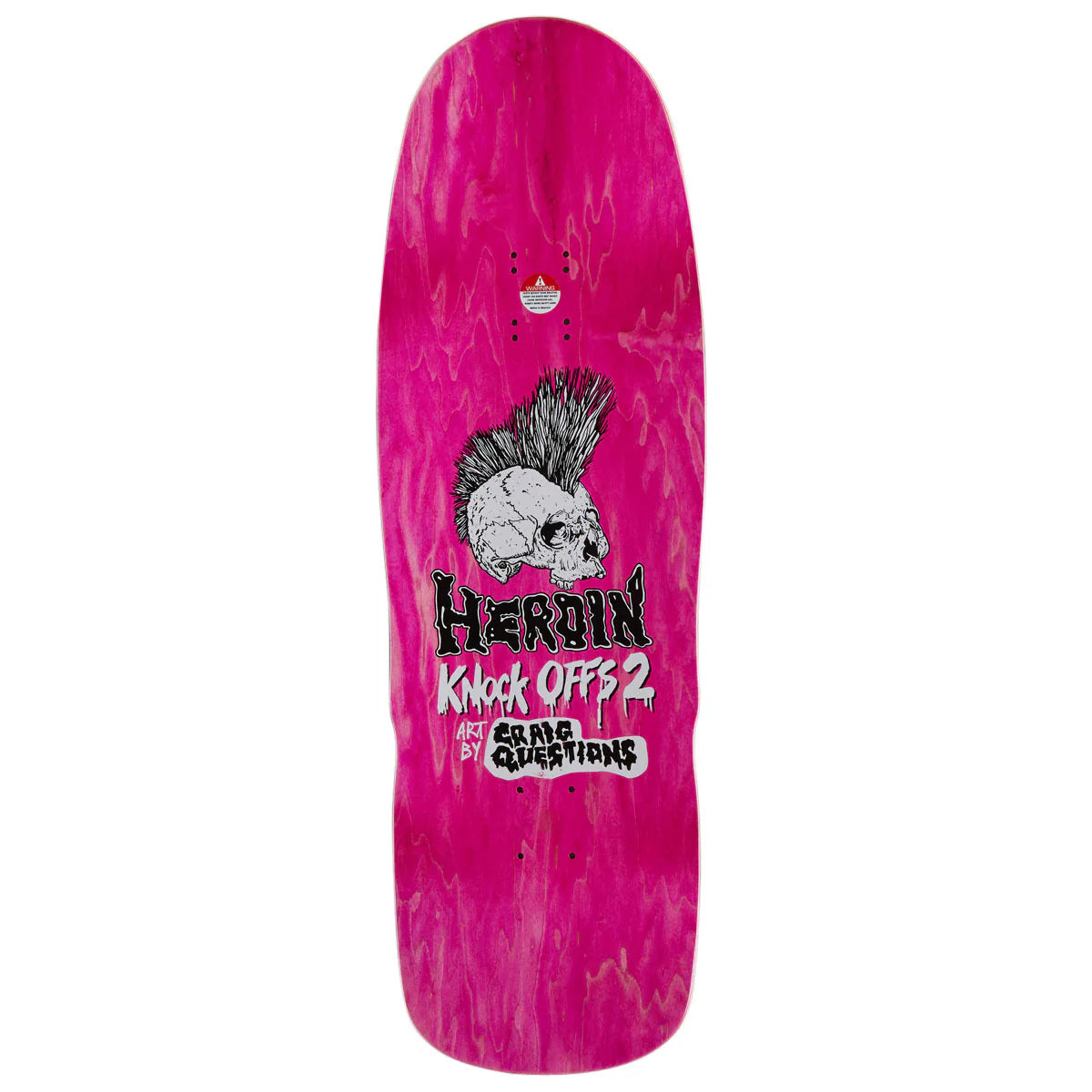 A pink skateboard deck with a marbled finish, featuring a skull with a black and white mohawk, the text 'heroin Knock Off 2', and 'craig Questions' on a white background.