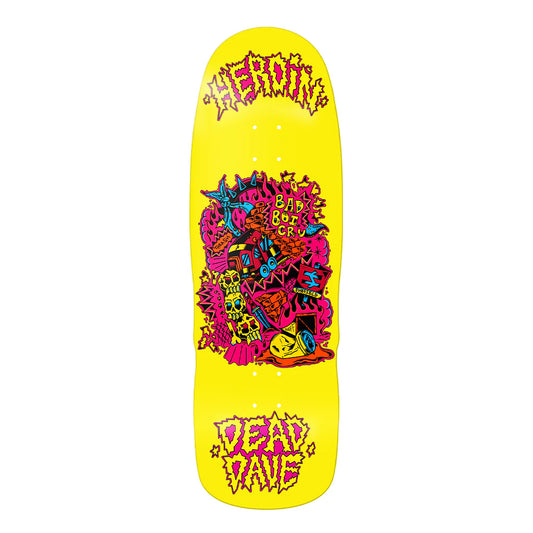 Colorful skateboard deck with graphic design on a yellow background