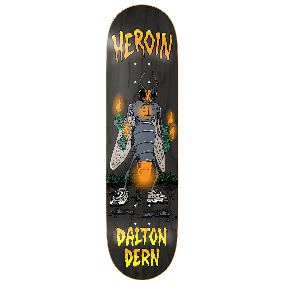 A skateboard deck shown vertically against a plain white background. The deck has a dark wood-grain finish with a graphic illustration of a horned insect holding green bottles with orange flames, and the text 'HEROIN' at the top and 'DALTON DERN' at the bottom in yellow.