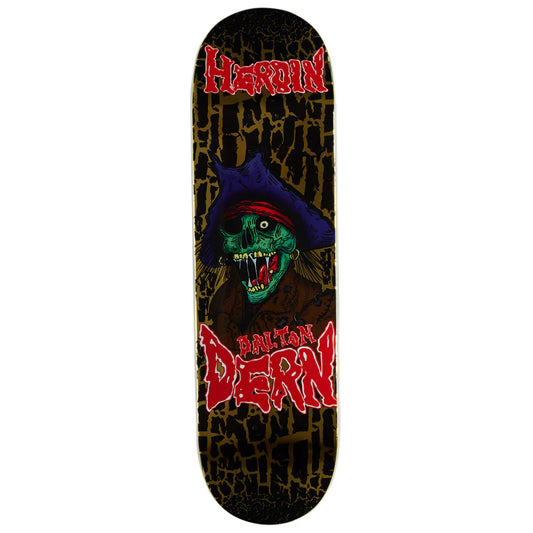 A skateboard deck featuring a graphic of a green zombie wearing a purple witch hat, with the words 'HeRoIN' at the top and 'dalton DERN' at the bottom on a black background with a gold crackle pattern.