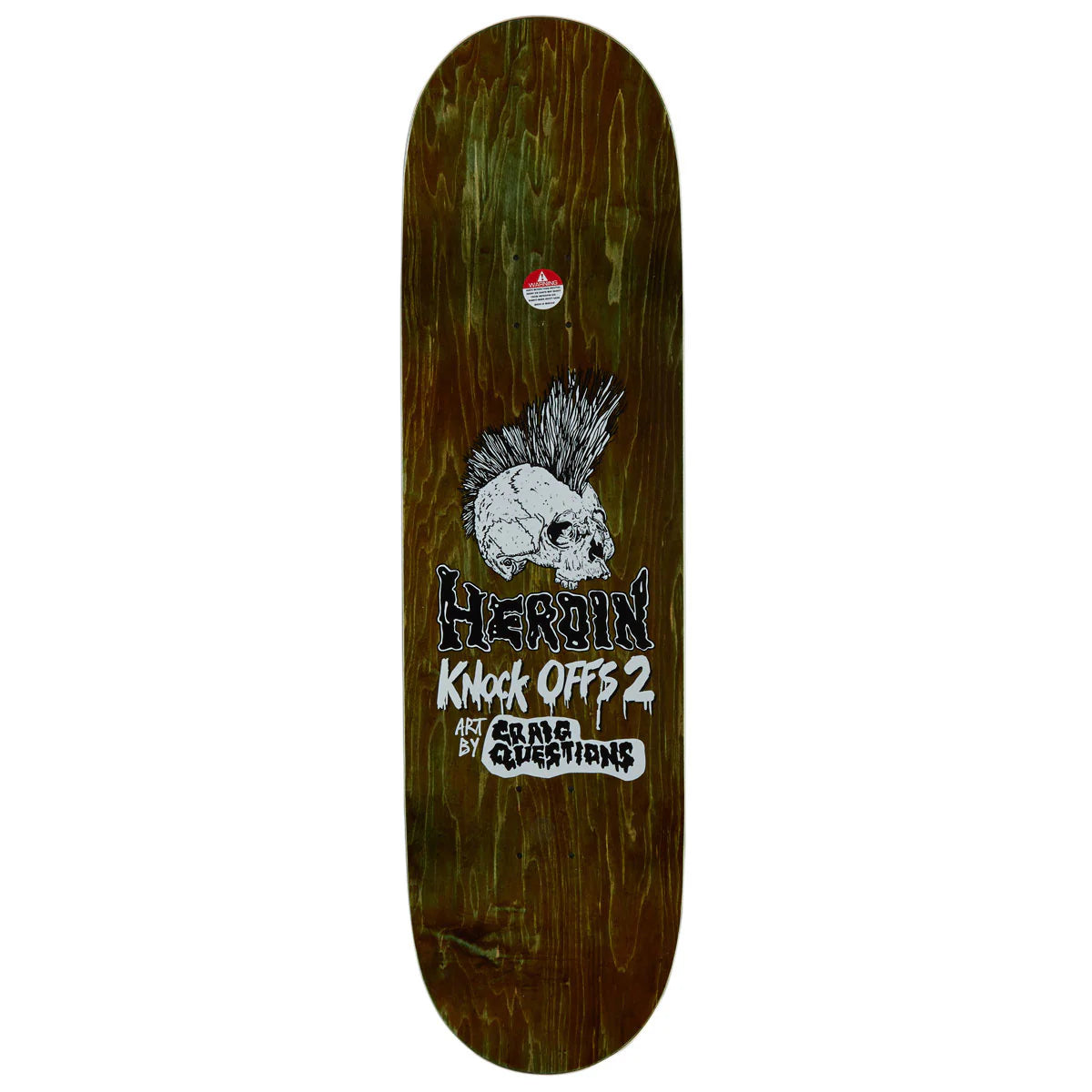 A skateboard deck with a dark brown wood-grain finish, featuring a white skull with a black mohawk and the text 'HEROIN Knock Offs 2' printed on the bottom.