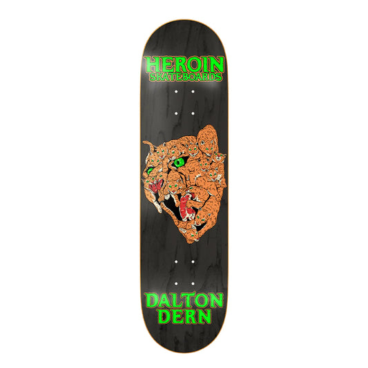 Skateboard deck with a panther design and 'Heroin Skateboards' branding on a black background.
