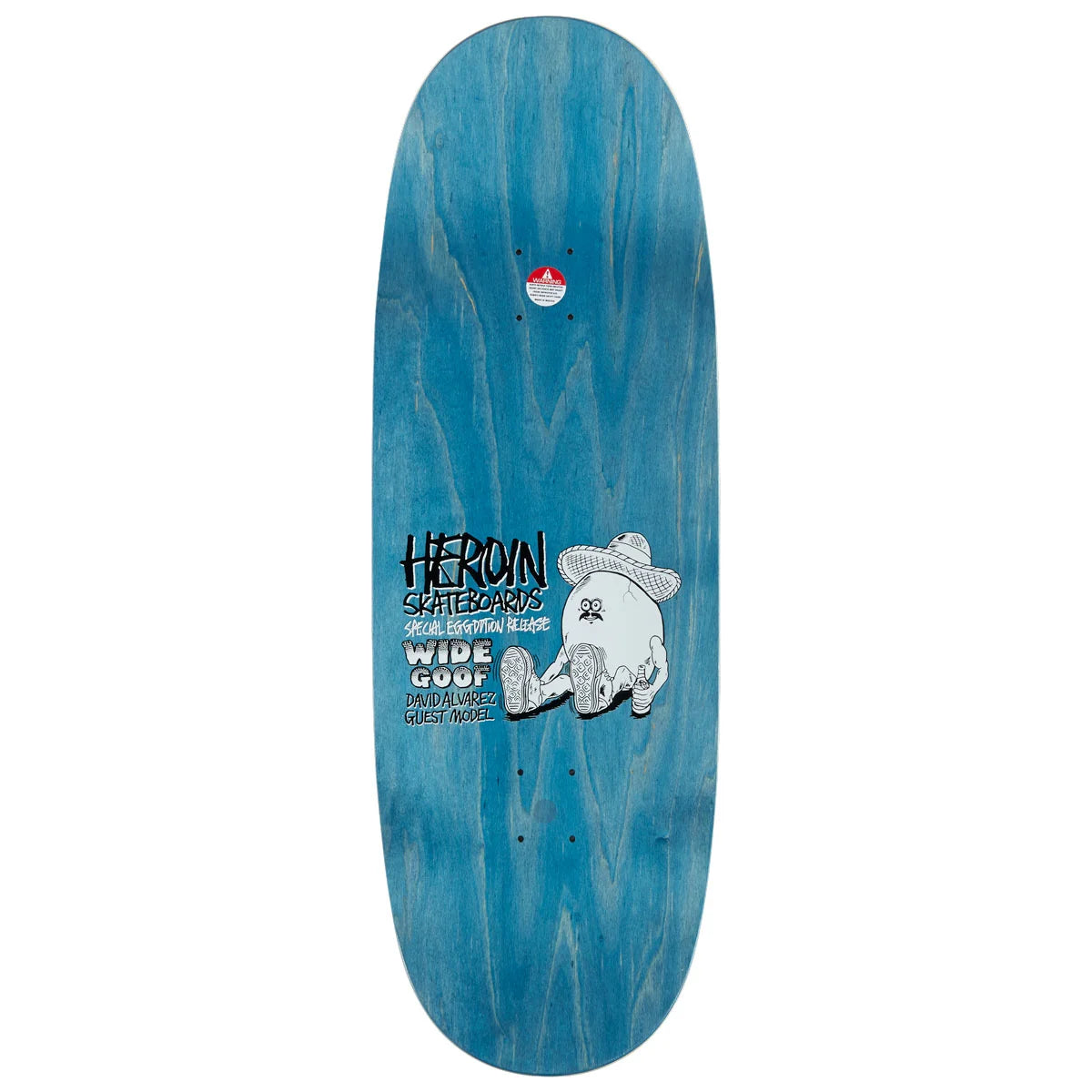 Blue skateboard deck with a graphic design and branding on a white background
