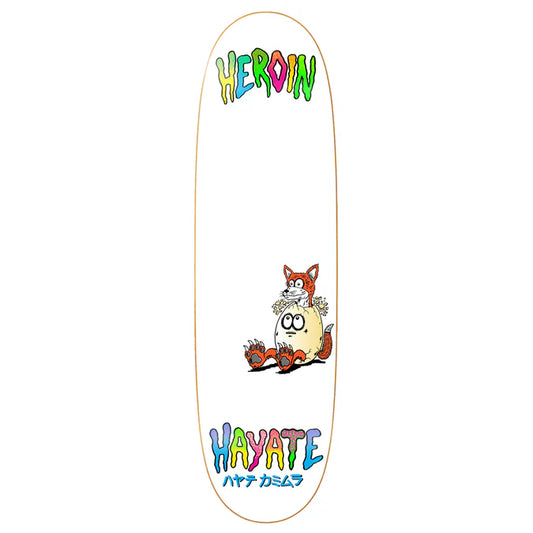 Skateboard deck with colorful graphics and text on a white background