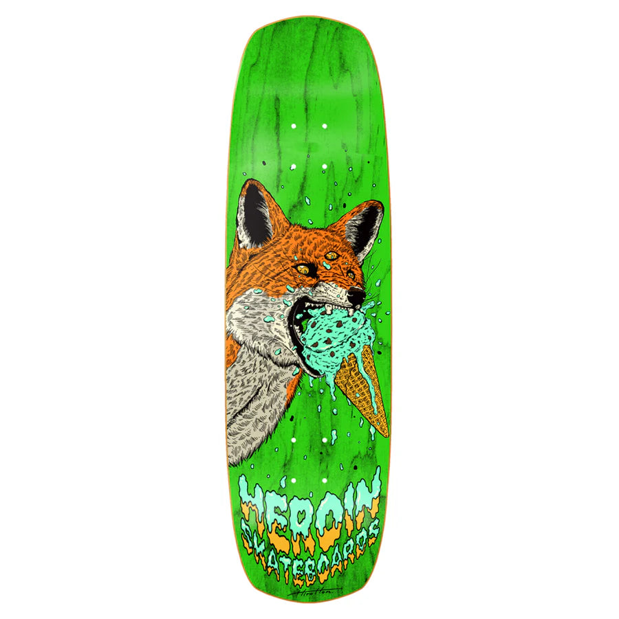 Skateboard deck with a fox design on a green background