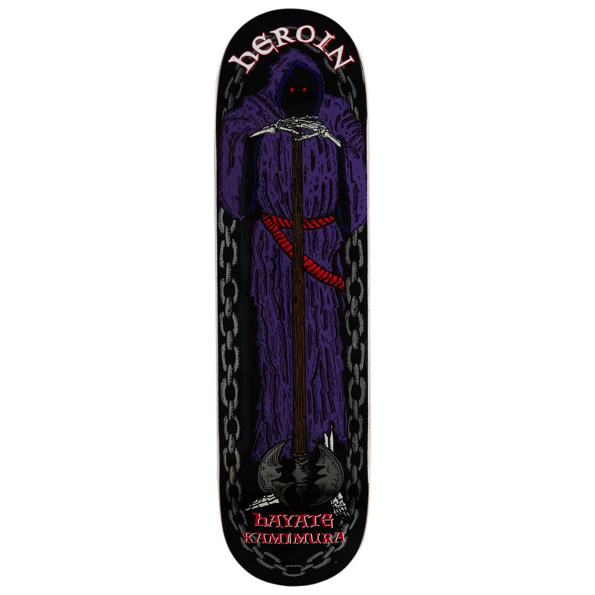 A skateboard deck featuring a dark graphic design with a hooded grim reaper figure in purple robes, holding a red scythe, surrounded by black chains on a black background. The word 'DEROIN' is printed at the top and 'KAKUMUSH' at the bottom.