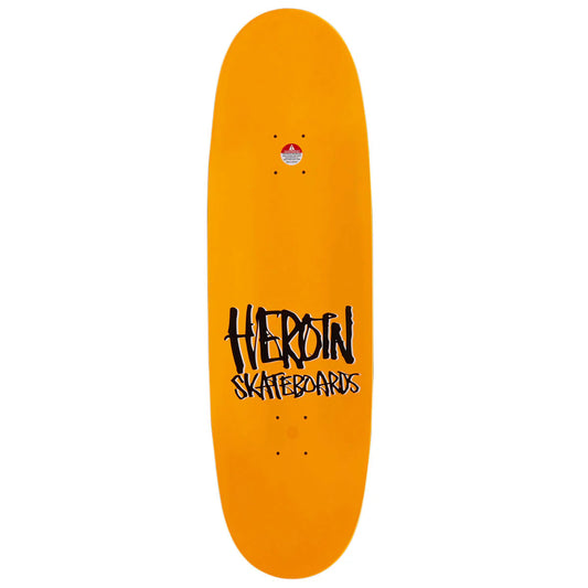 An orange skateboard deck with a black 'HEROIN SKATEBOARDS' logo printed in the center, shown against a plain white background.