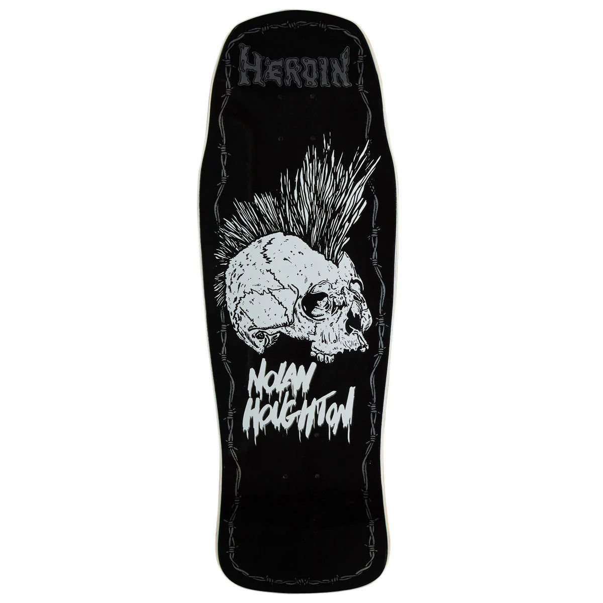 A black skateboard deck featuring a white graphic of a skull with a mohawk, the word 'HEROin' at the top, and 'Nolan houghton' in a dripping font near the bottom.