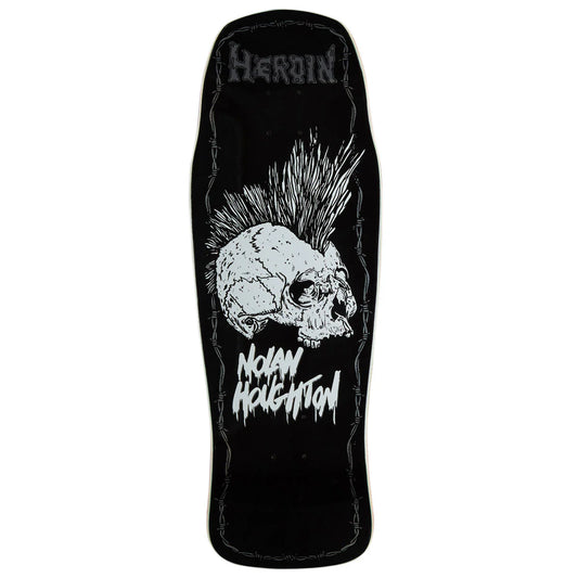 A black skateboard deck featuring a white graphic of a skull with a mohawk, the word 'HEROin' at the top, and 'Nolan houghton' in a dripping font near the bottom.