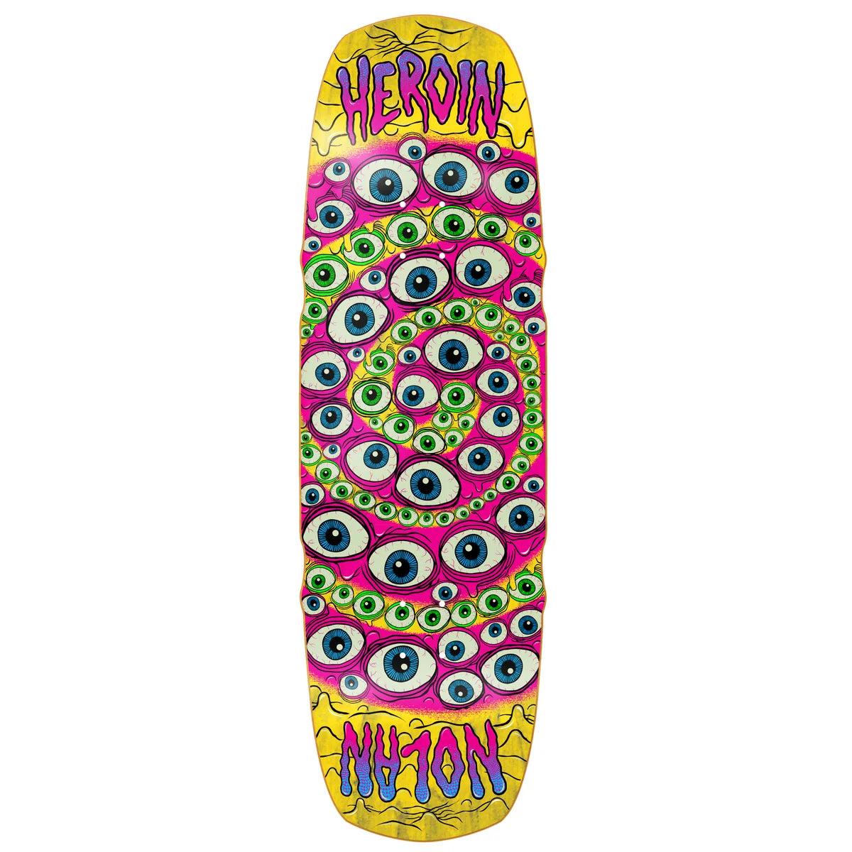 A skateboard deck featuring a vibrant psychedelic design with a dense pattern of cartoon eyes in pink, green, blue, and white, set against a yellow background with the words 'HEROIN' and 'nolan' in stylized purple and blue lettering.