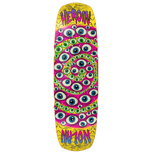 A skateboard deck featuring a vibrant psychedelic design with a dense pattern of cartoon eyes in pink, green, blue, and white, set against a yellow background with the words 'HEROIN' and 'nolan' in stylized purple and blue lettering.