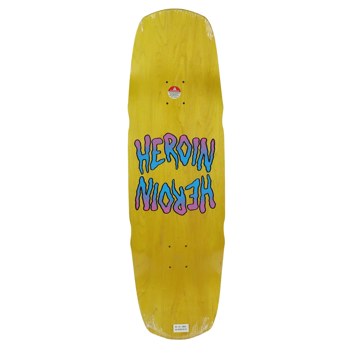 A yellow skateboard deck with a colorful 'HEROIN' graphic in blue, pink, and purple, shown on a plain white background.