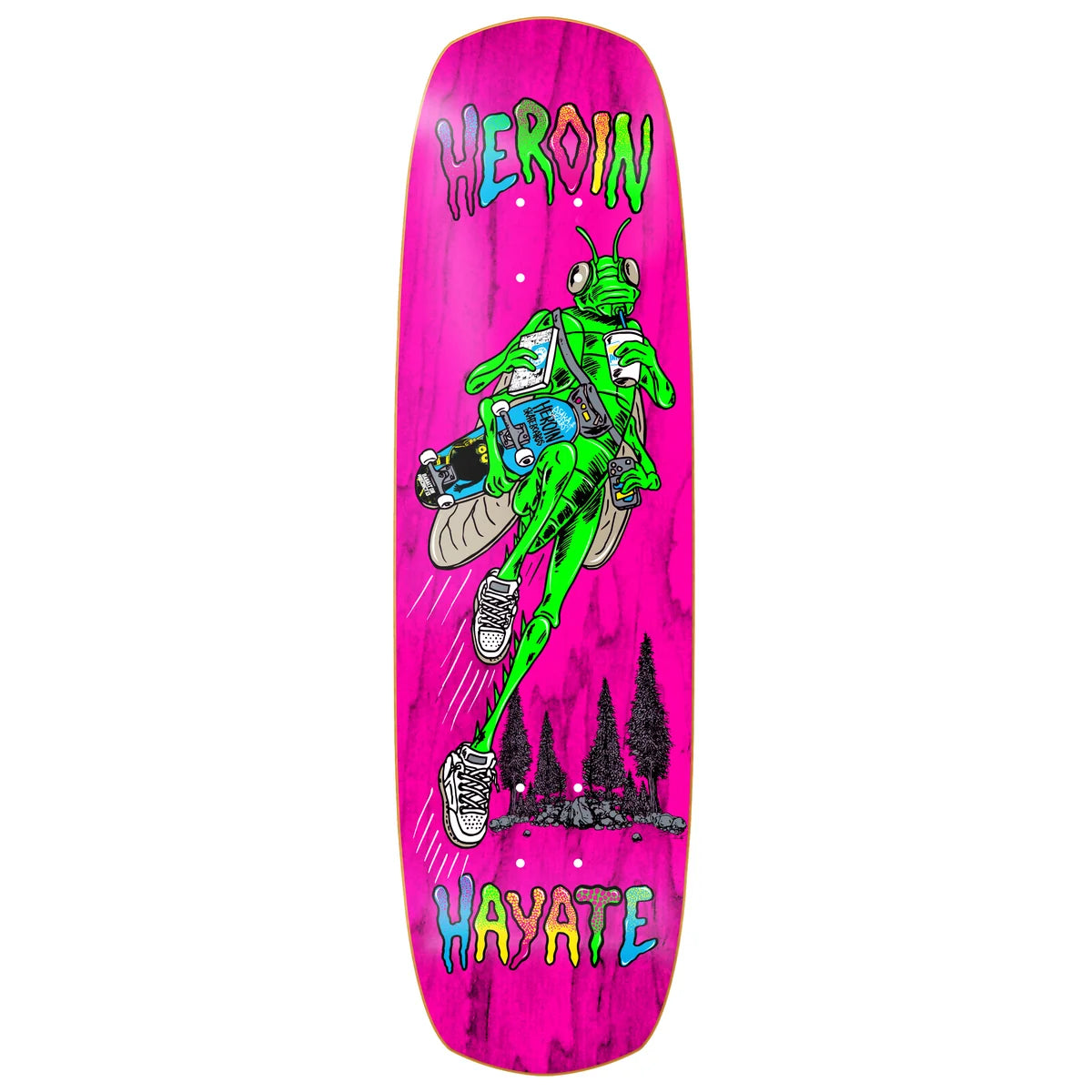 A pink skateboard deck featuring a cartoon grasshopper riding a motorcycle, with the words 'HEROIN' at the top and 'HAYATE' at the bottom in a colorful dripping font.