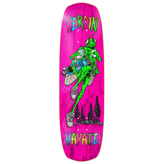 A pink skateboard deck featuring a cartoon grasshopper riding a motorcycle, with the words 'HEROIN' at the top and 'HAYATE' at the bottom in a colorful dripping font.