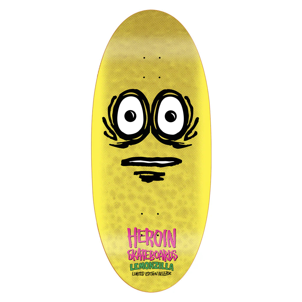 Skateboard deck with a face design and 'Heroin Skateboards' branding on a yellow background
