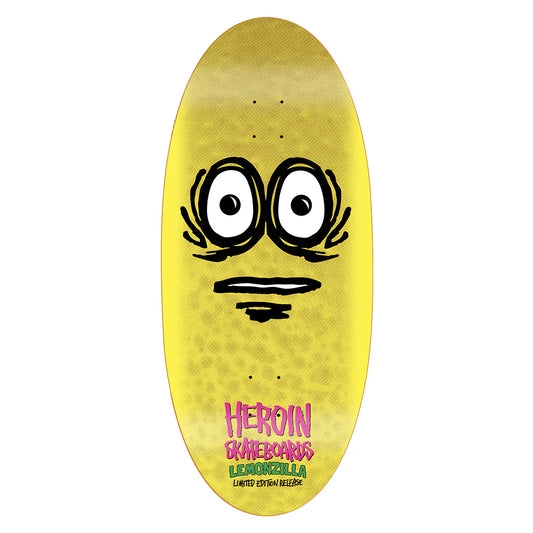 Skateboard deck with a face design and 'Heroin Skateboards' branding on a yellow background