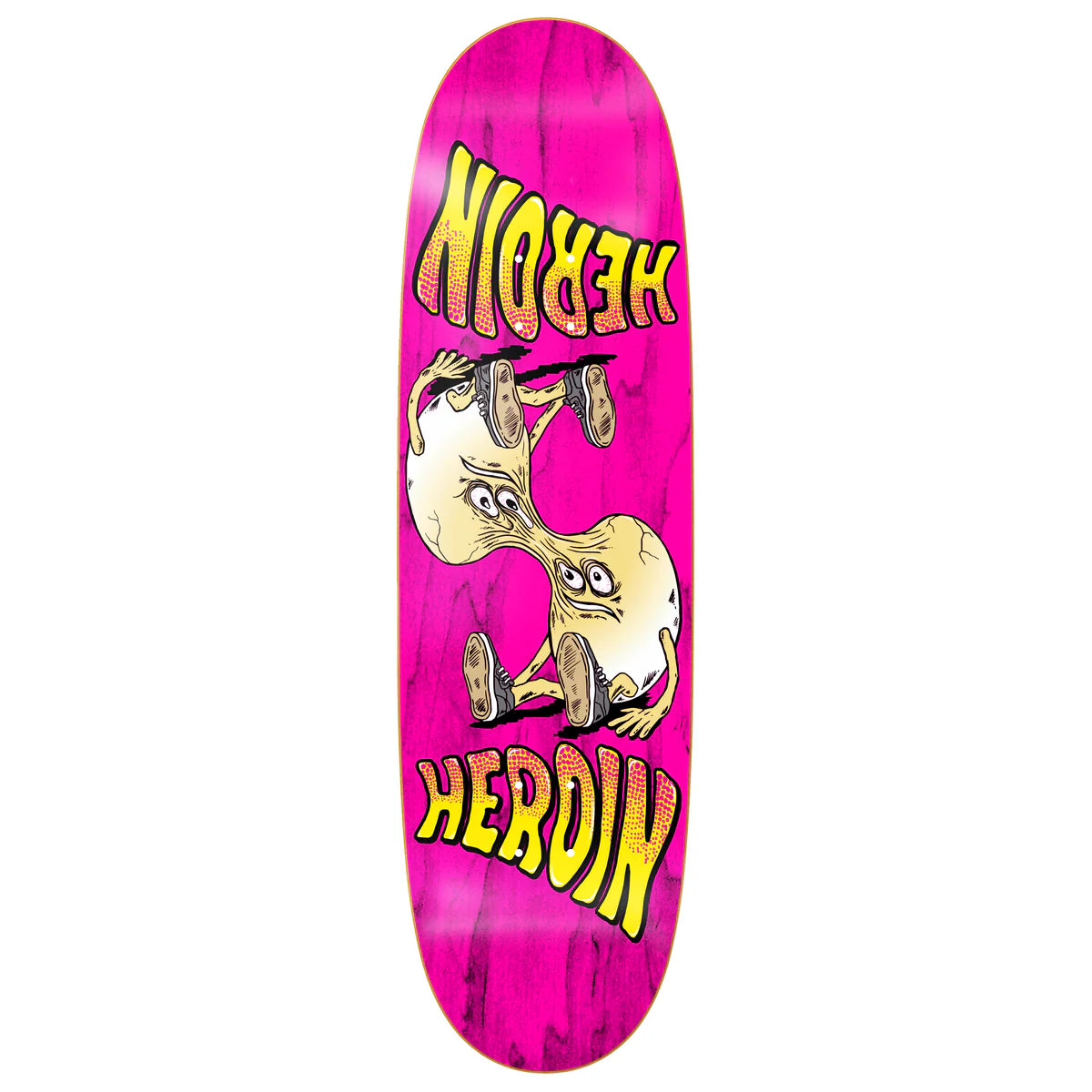 Pink skateboard deck with cartoon goat and 'Heroin' text on a white background