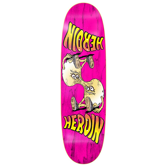 Pink skateboard deck with cartoon goat and 'Heroin' text on a white background