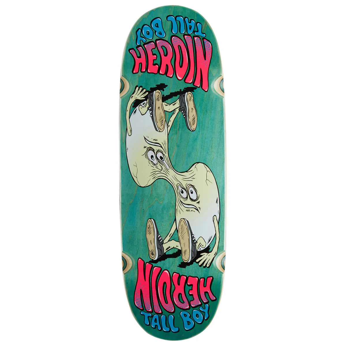 A skateboard deck featuring a teal background with a cartoon graphic of a stretched, faceless figure in beige and pink, with the text 'HERDIN TALL BOY' in pink and blue.