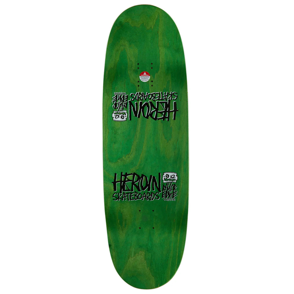A green skateboard deck with black and white graphic text and logos, including 'HEROYN SKATEBOARDS CO.' and 'THE SKATEBOARD IS NOT OVER', shown against a plain white background.