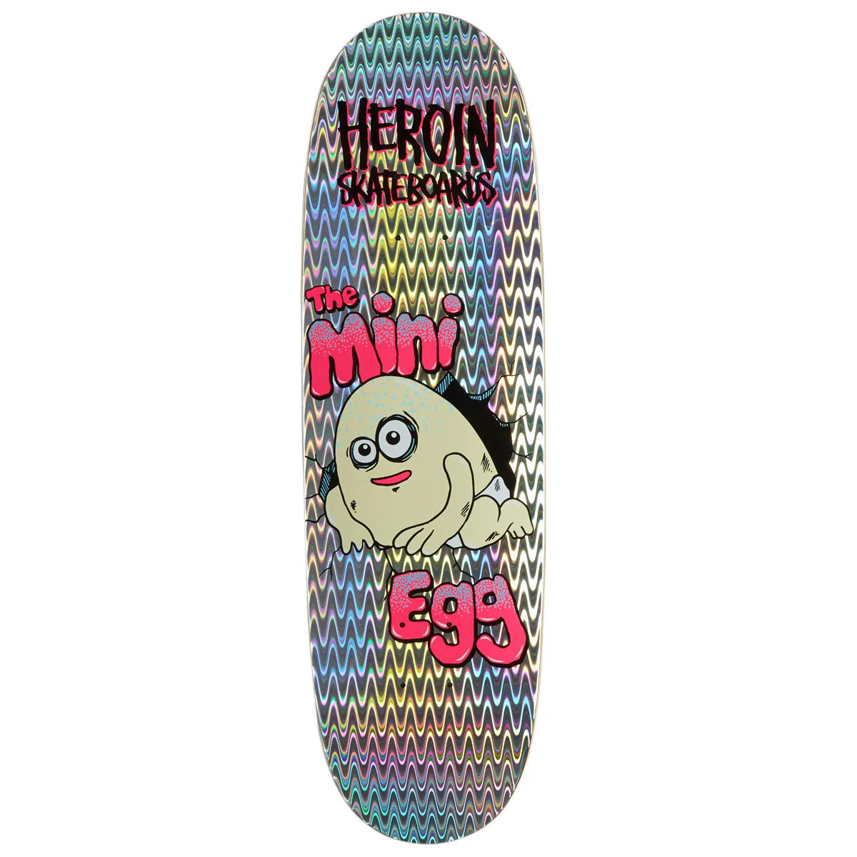 A skateboard deck featuring a colorful chevron pattern with the text 'HEROIN SKATEBOARDS' and 'The Mini Egg' in pink, along with a cartoon egg character.