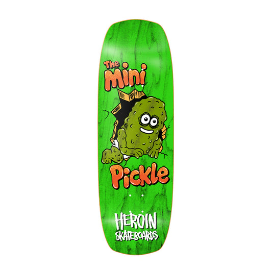 Green skateboard deck with a pickle graphic and 'Heroin Skateboards' branding on a white background