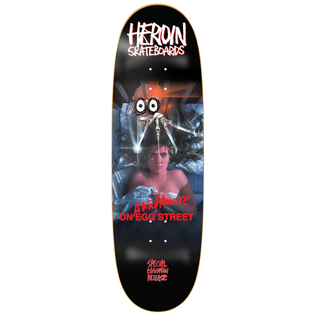 Skateboard deck with 'Heroin Skateboards' branding and a horror-themed design.