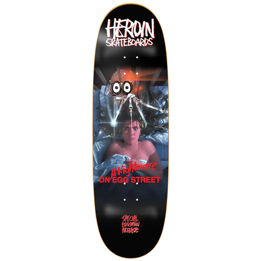 Skateboard deck with 'Heroin Skateboards' branding and a horror-themed design.
