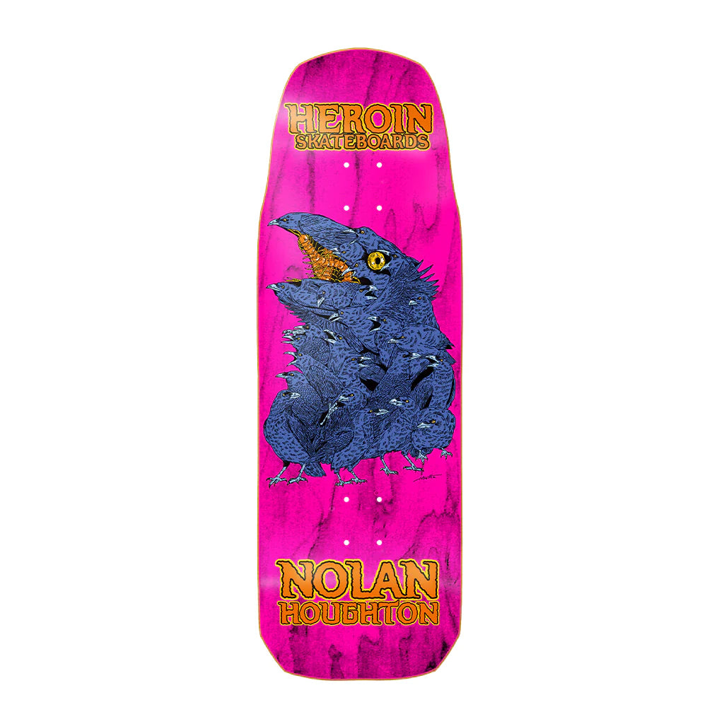 Pink skateboard deck with a blue dragon design and 'Heroin Skateboards' branding on a white background.