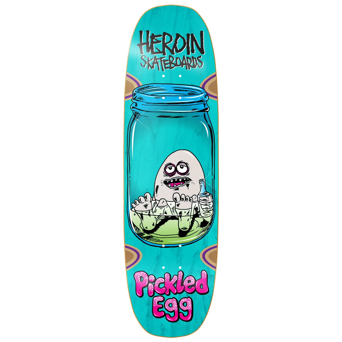 A Herdin Skateboards deck featuring a colorful graphic of a pickled egg in a glass jar on a turquoise background, with the text 'HEROIN SKATEBOARDS' at the top and 'Pickled Egg' at the bottom.