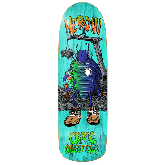 A skateboard deck featuring a colorful graphic illustration of a beetle-like character holding coffee mugs, with the word 'HEROIN' at the top and 'CRAIG QUESTIONS' at the bottom, set against a turquoise background.