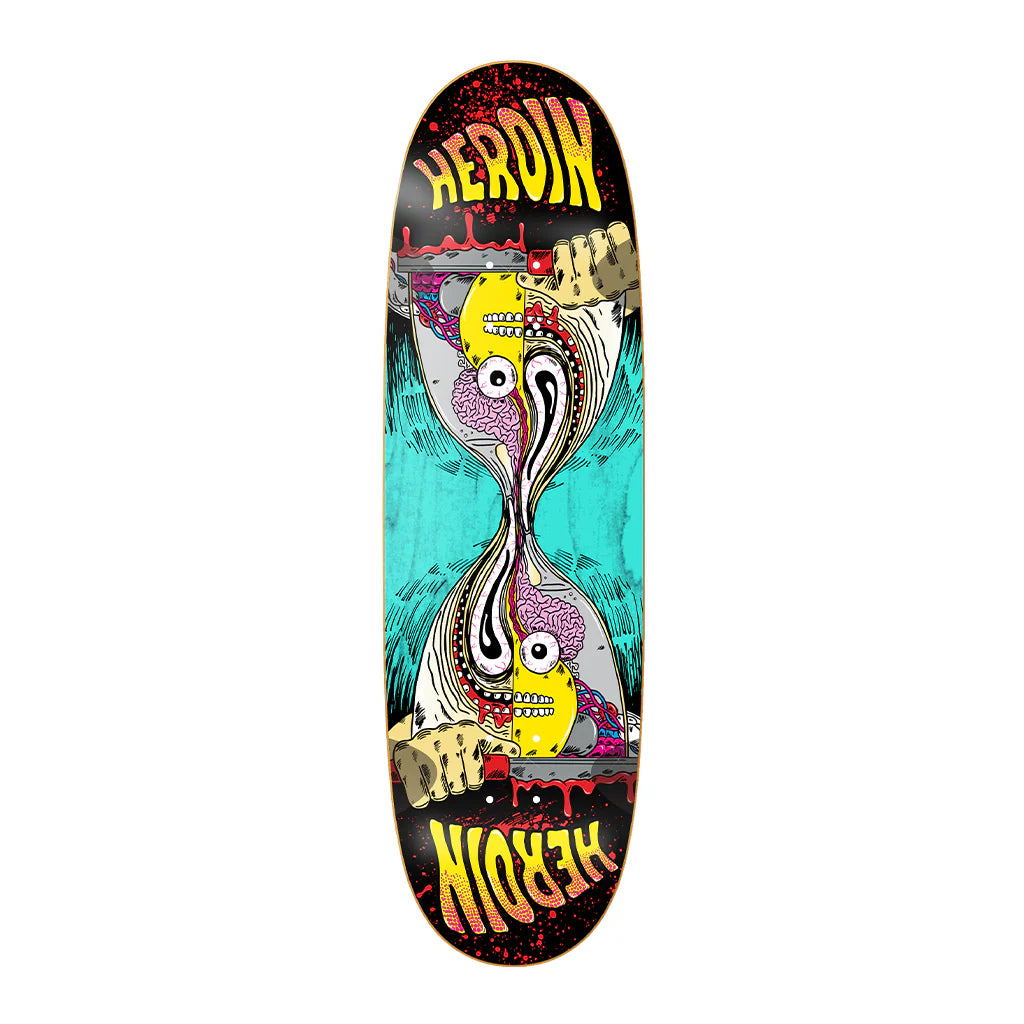 Skateboard deck with colorful design and 'Heroin' branding on a white background