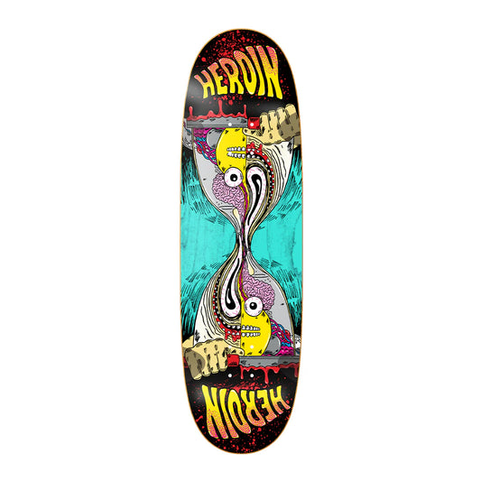 Skateboard deck with colorful design and 'Heroin' branding on a white background