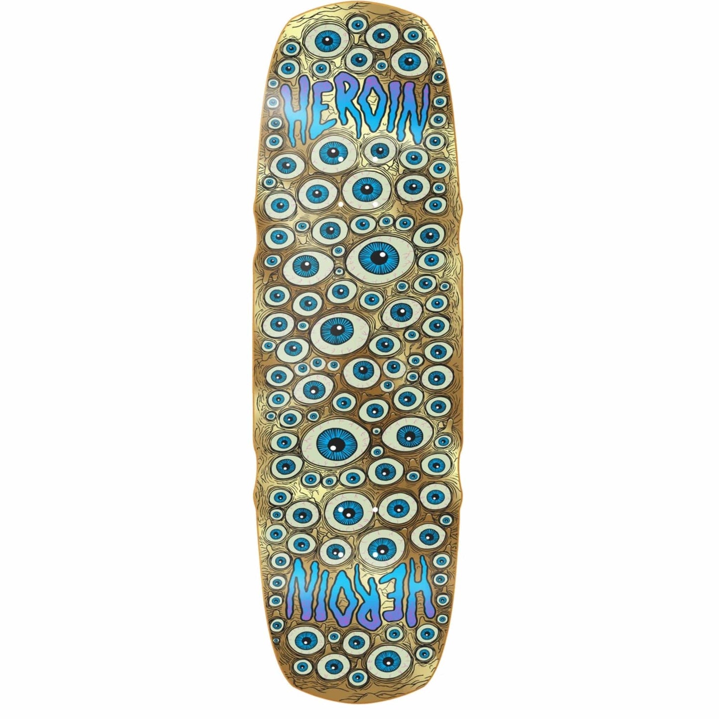 Skateboard deck with eye pattern and 'HEROIN' branding on a white background