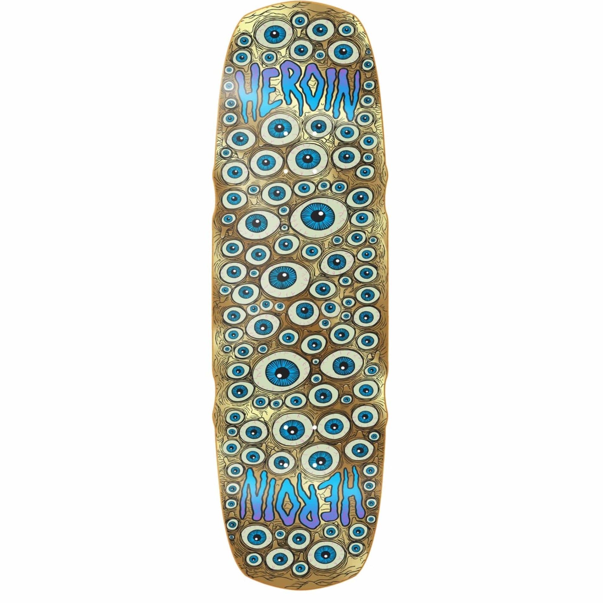 Skateboard deck with eye pattern and 'HEROIN' branding on a white background