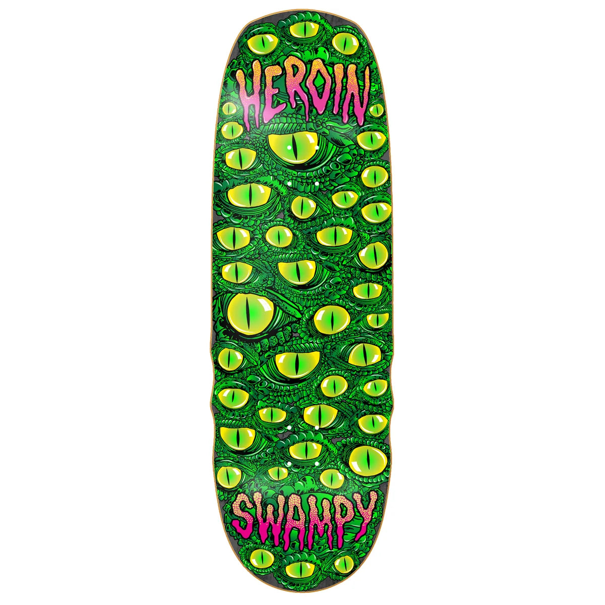 A skateboard deck featuring a green alligator pattern with yellow eyes and pink text reading 'HEROIN' at the top and 'SWAMPY' at the bottom, shown against a plain white background.
