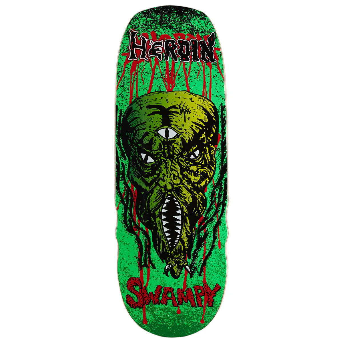 A skateboard deck featuring a green zombie graphic with a single eye, sharp teeth, and red dripping text reading 'HEROIn' at the top and 'SWAMPY' at the bottom.