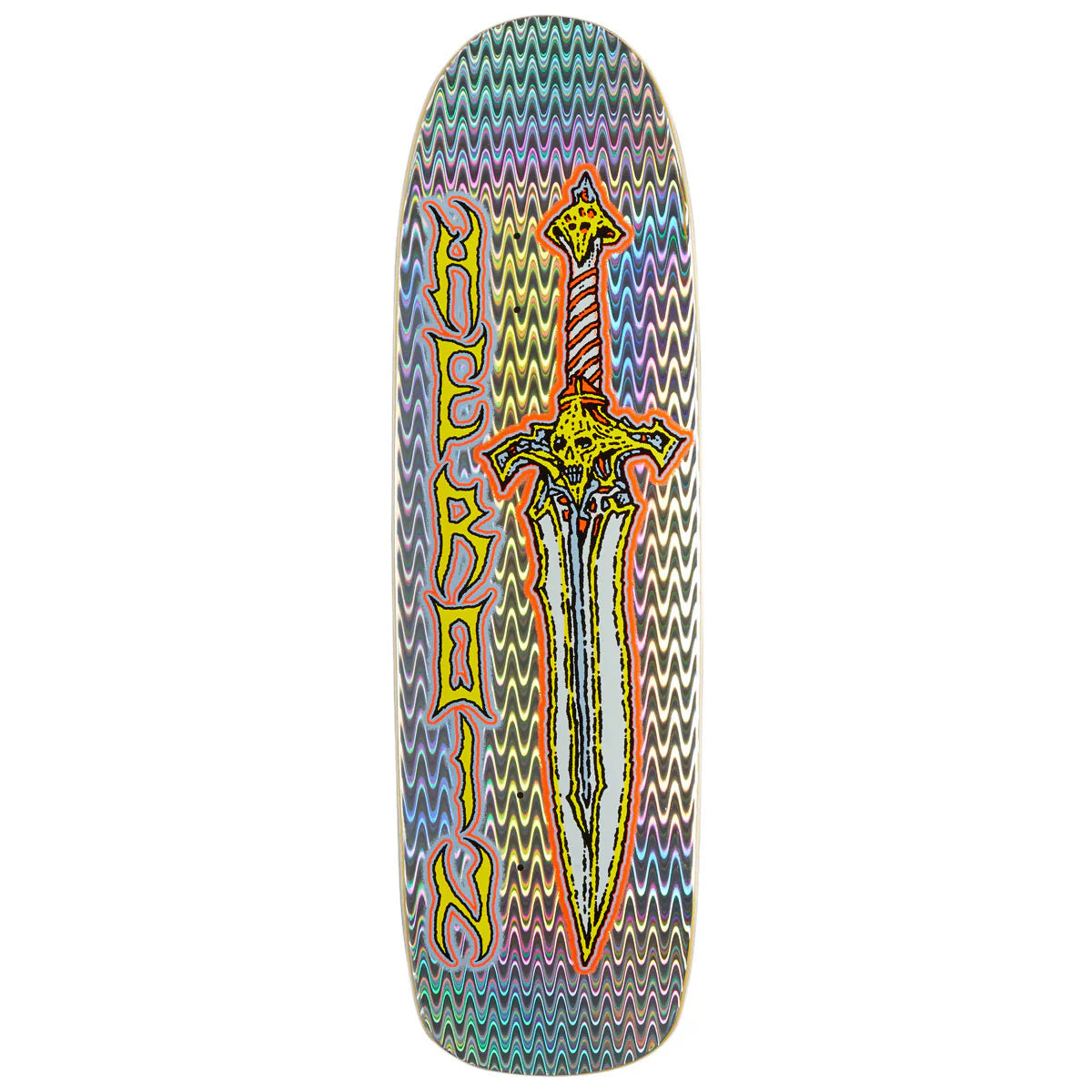 A skateboard deck featuring a colorful psychedelic design with a central sword graphic and the word 'HEroIN' written vertically in yellow.