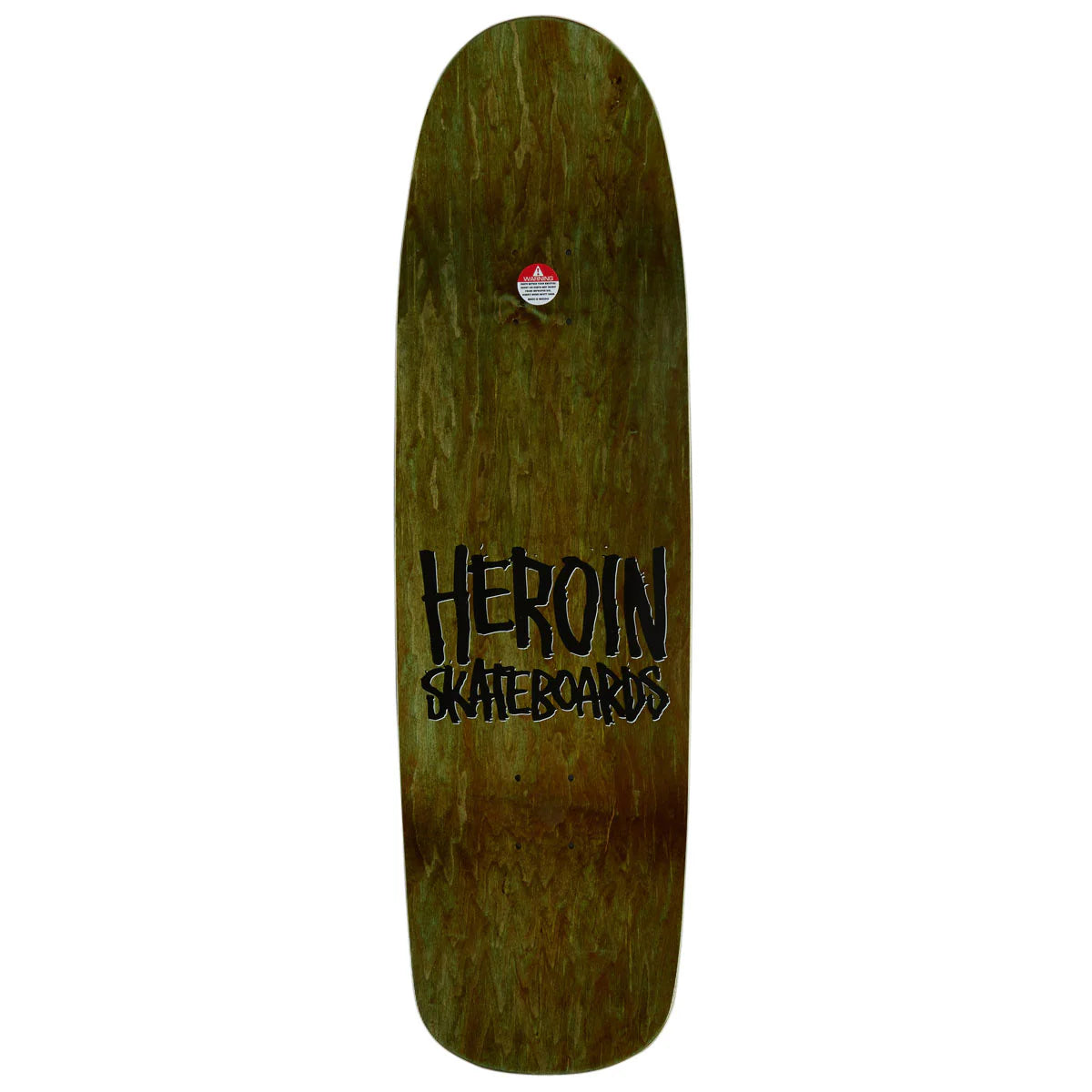 A skateboard deck with a dark brown and green wood-grain finish, featuring the 'HEROIN SKATEBOARDS' logo in black in the center and a small red and white sticker near the top.