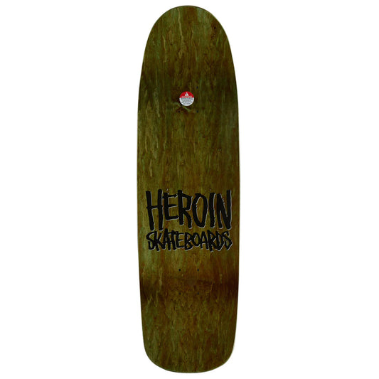 A skateboard deck with a dark brown and green wood-grain finish, featuring the 'HEROIN SKATEBOARDS' logo in black in the center and a small red and white sticker near the top.