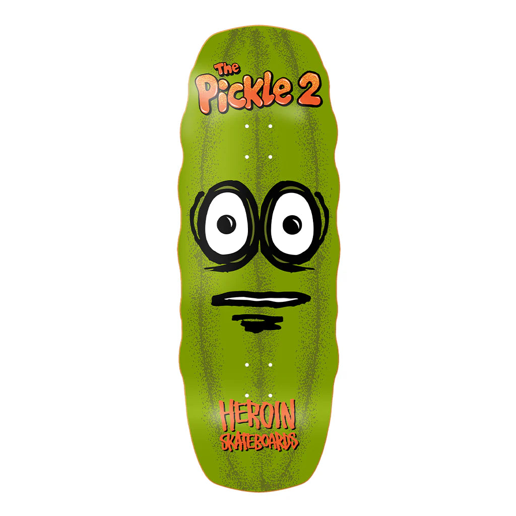 Green pickle-shaped skateboard deck with 'The Pickle 2' and 'Heroin Skateboards' branding on a white background.