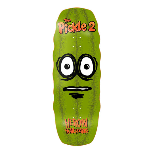 Green pickle-shaped skateboard deck with 'The Pickle 2' and 'Heroin Skateboards' branding on a white background.