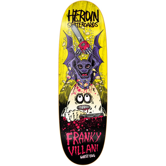 Skateboard deck with a colorful design featuring a creature and text on a yellow background
