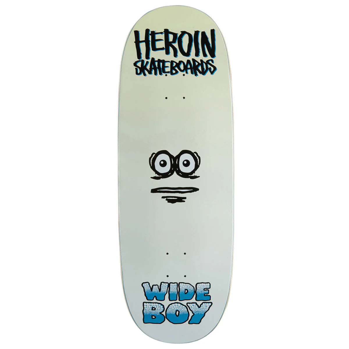 A skateboard deck shown vertically against a plain white background. The deck has a pale mint-green to off-white gradient, with black and blue graphics.