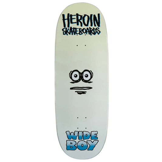 A skateboard deck shown vertically against a plain white background. The deck has a pale mint-green to off-white gradient, with black and blue graphics.