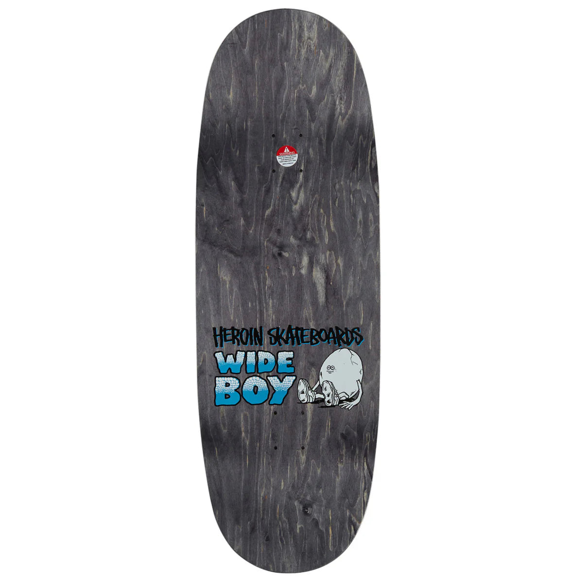 A skateboard deck with a dark gray wood-grain finish, featuring the 'HEROIN SKATEBOARDS WIDE BOY' logo in blue and white near the center, and a small red and white logo near the nose.