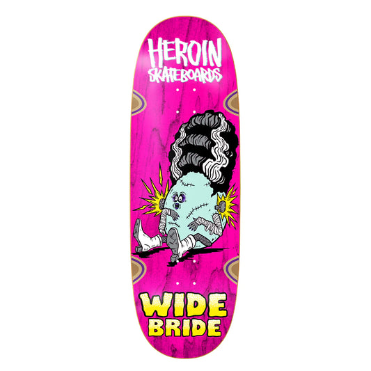 Skateboard deck with cartoon character and 'Heroin Skateboards' branding on a pink background