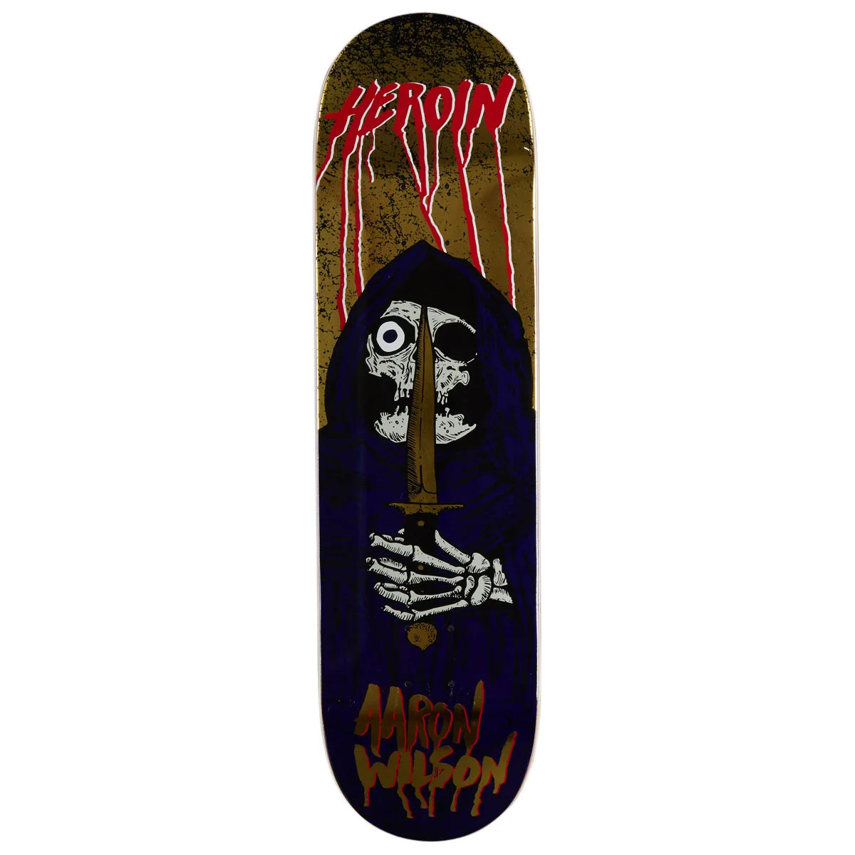 A skateboard deck featuring a graphic design inspired by Marilyn Manson's 'Heroin' album art, with a hooded skull holding a sword, red dripping text reading 'HEROIN' at the top, and 'Marilyn Manson' in stylized orange text at the bottom.